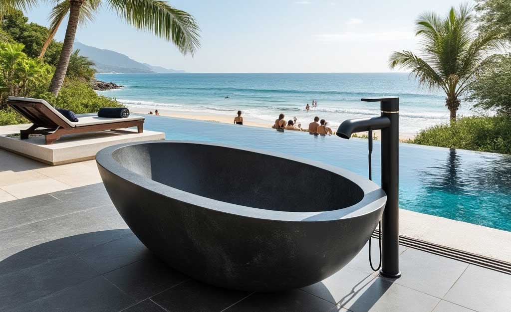 אמבט פרי סטנדינג על רקע חוף ים עם אנשים