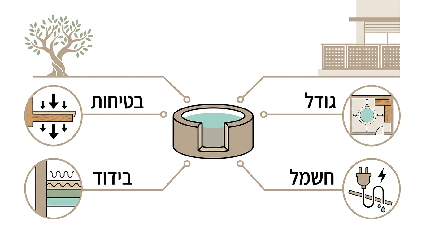 ג'קוזי חיצוני מותקן במרפסת עם נוף ערב
