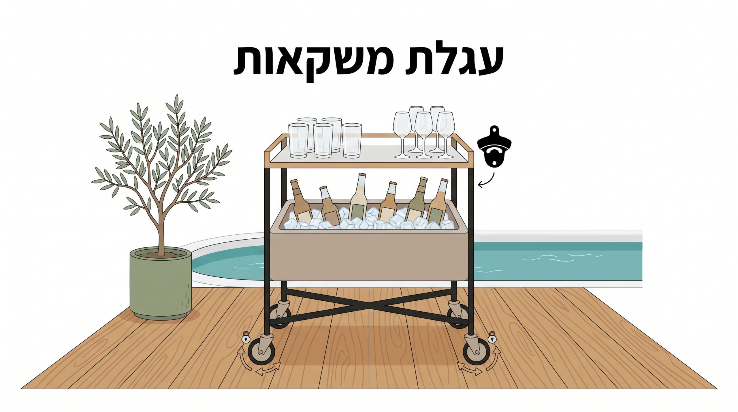 עגלת משקאות לאירוח חוץ בגינה עם משקאות קרים וקרח
